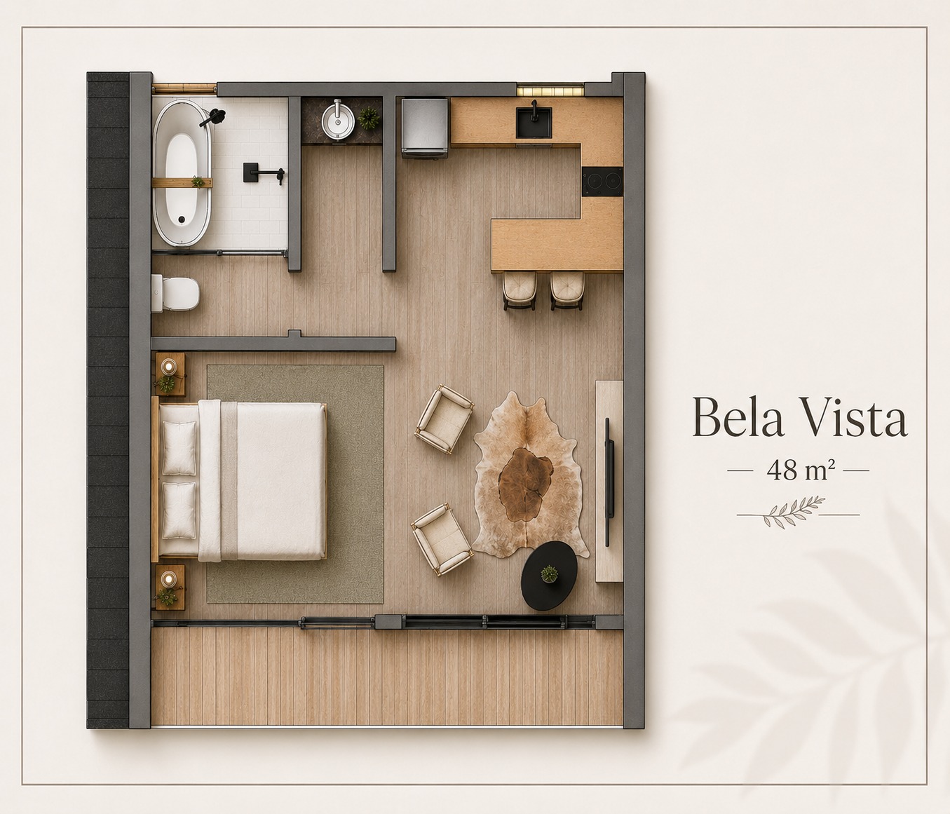 Planta baixa do modelo de cabana Bela Vista Plus, 48 metros quadrados