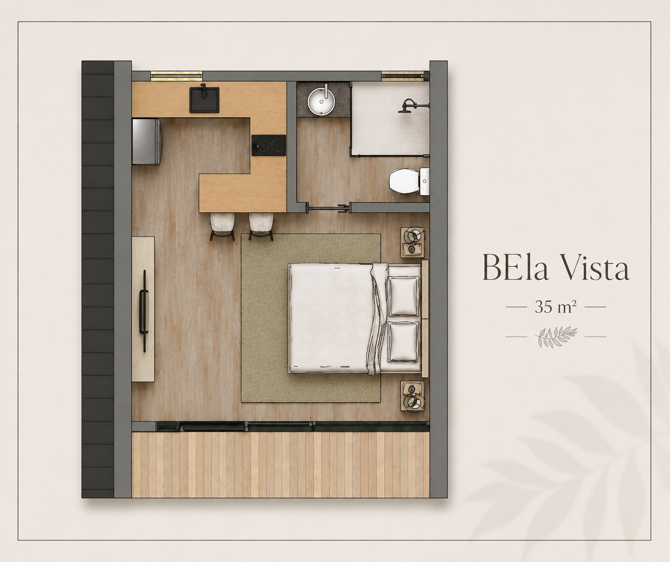 Planta baixa do modelo de cabana Bela Vista, 35 metros quadrados