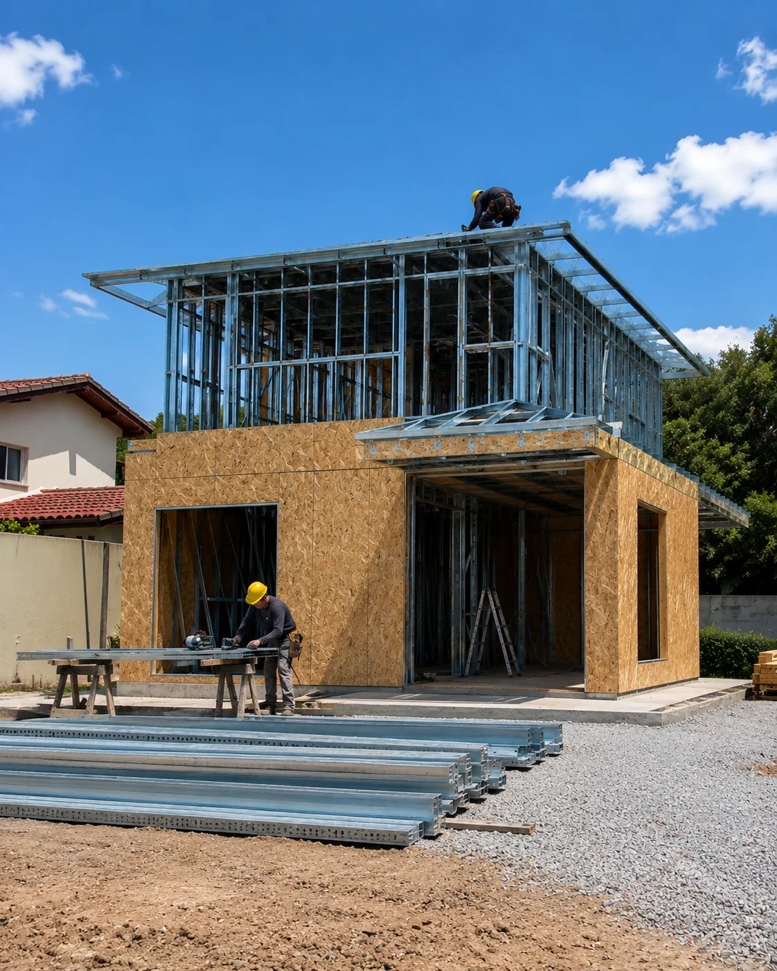 Montagem de estrutura Steel Frame com perfis galvanizados