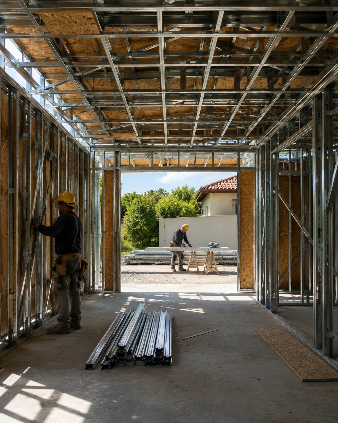 Representação visual do interior de uma estrutura Steel Frame