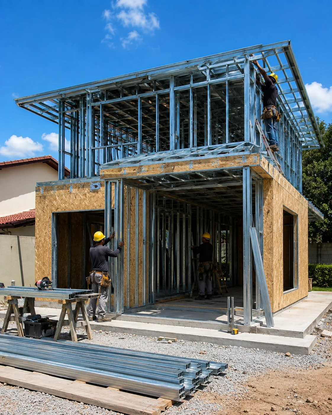 Representação visual de montagem de estrutura Steel Frame